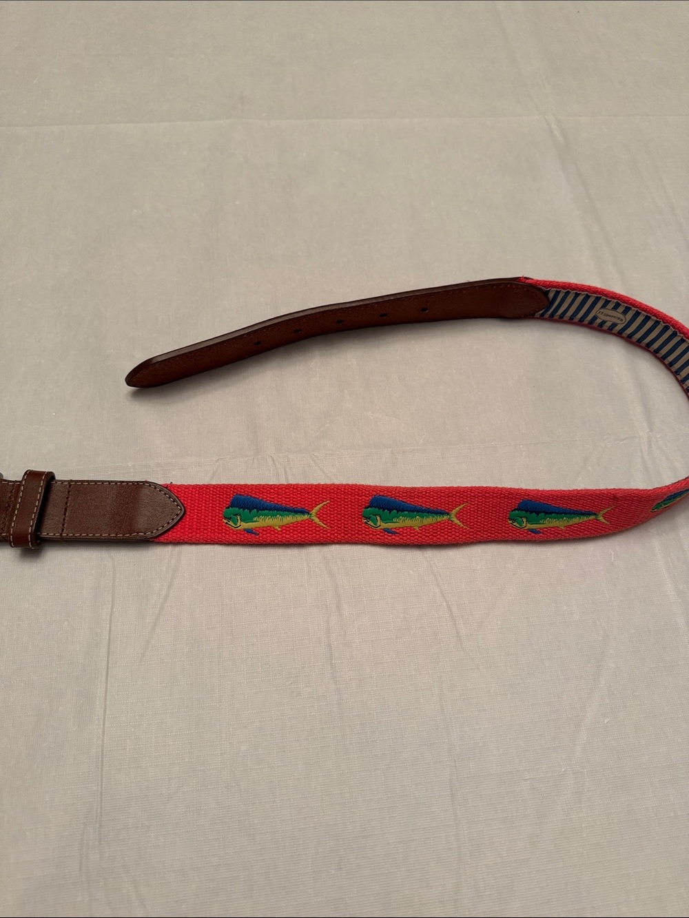 Men's pink Embroidered Fish Web Belt with Leather Trim